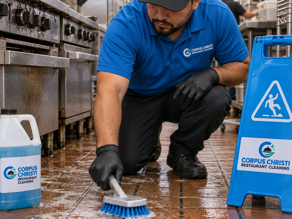 Technician scrubbing greasy commercial kitchen floor tile and grout near a cook line