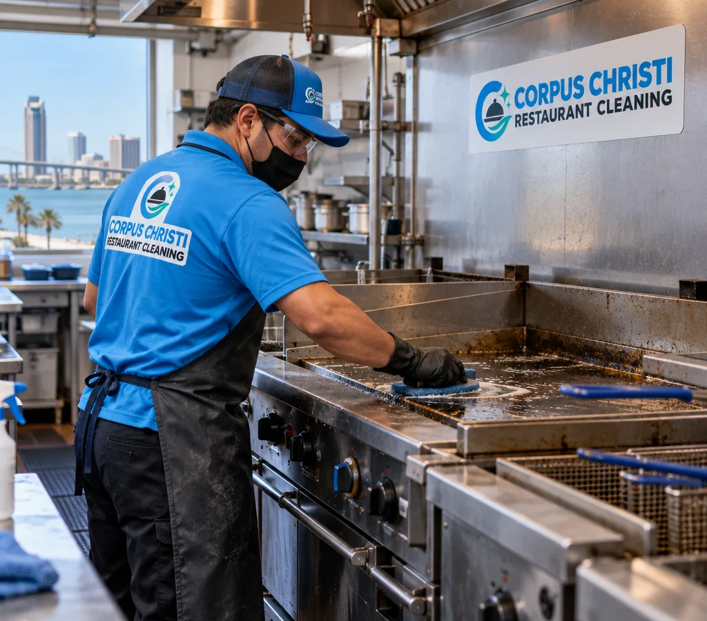 Professional cleaner in PPE deep-cleaning a stainless commercial cook line in a working restaurant kitchen
