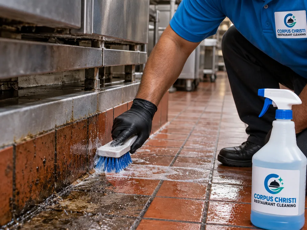 Hands scrubbing a greasy quarry-tile kitchen floor edge and cove base behind a cook line