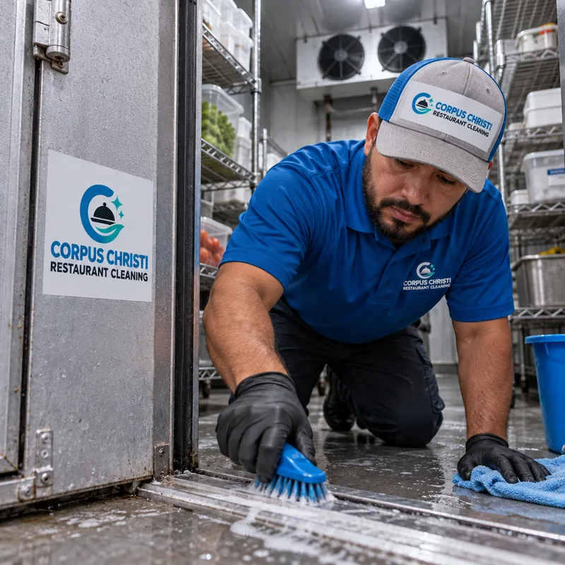 Walk-in cooler interior being scrubbed and wiped down around shelving, floor, door track, and lower wall edges
