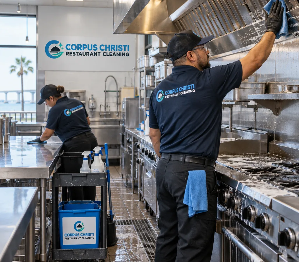 Commercial restaurant kitchen line being professionally deep cleaned with careful attention to stainless equipment, floors, and hood areas
