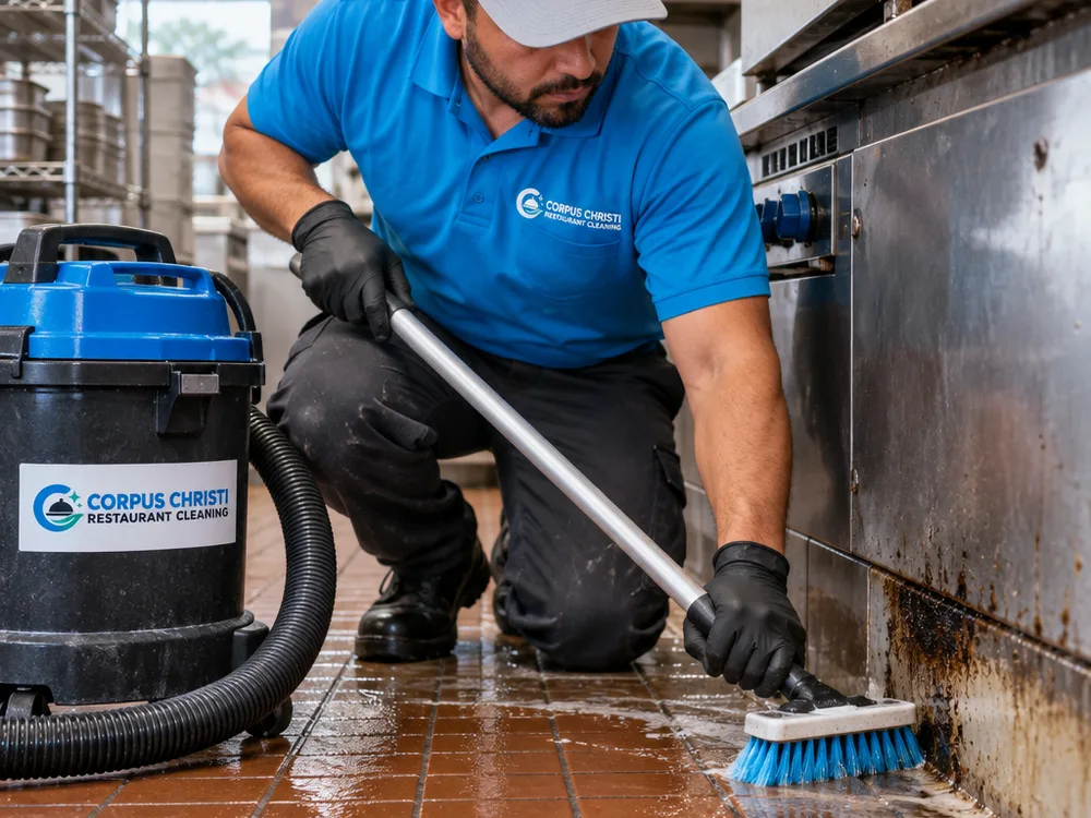 Technician scrubbing grease from a commercial kitchen floor and baseboard edge with a wet vacuum nearby