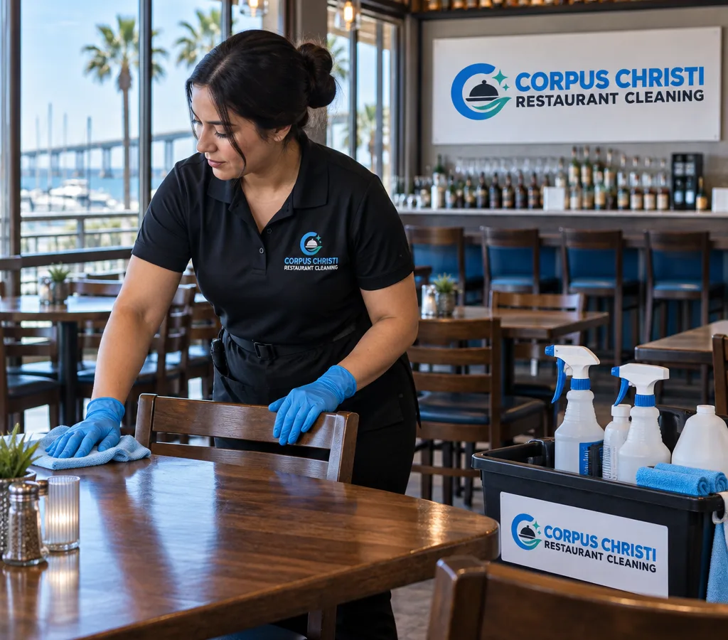 After-hours restaurant team member sanitizing dining tables and chair backs with a clean bar and dining area in the background