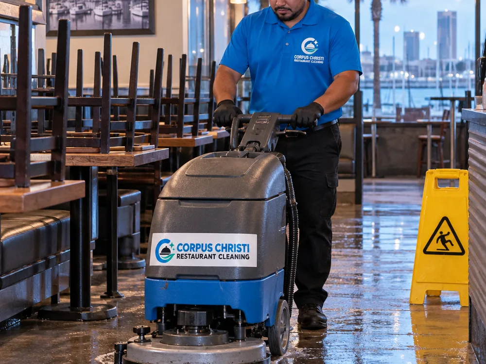 Technician using a low-profile floor scrubber in a restaurant dining aisle after closing with chairs stacked and wet floor signage