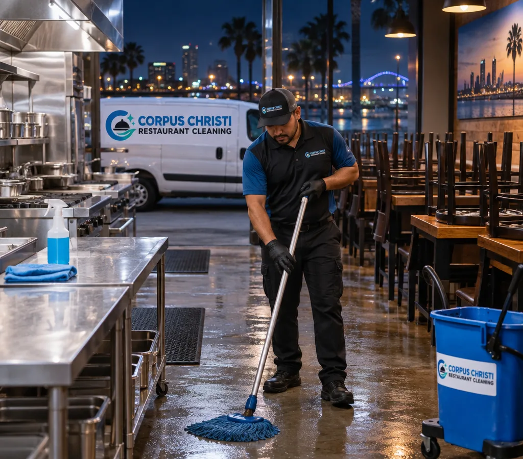 After-hours restaurant cleaner mopping a commercial kitchen with stainless prep tables cleaned and dining chairs raised