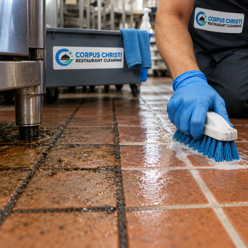 Greasy darkened commercial kitchen tile grout beside a visibly brightened area after scrubbing