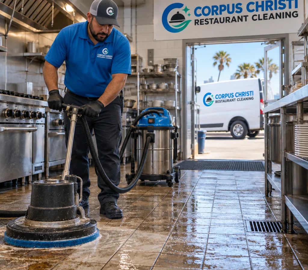 Technician cleaning a restaurant kitchen tile floor with a floor scrubber and wet vac, with visible grease lift along grout lines