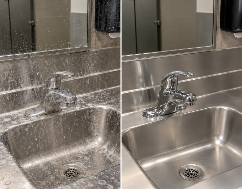 Commercial restroom sink before and after removal of soap scum and water spots