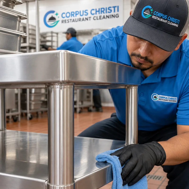 Clean stainless prep table corner and undershelf with detailed seams and edges