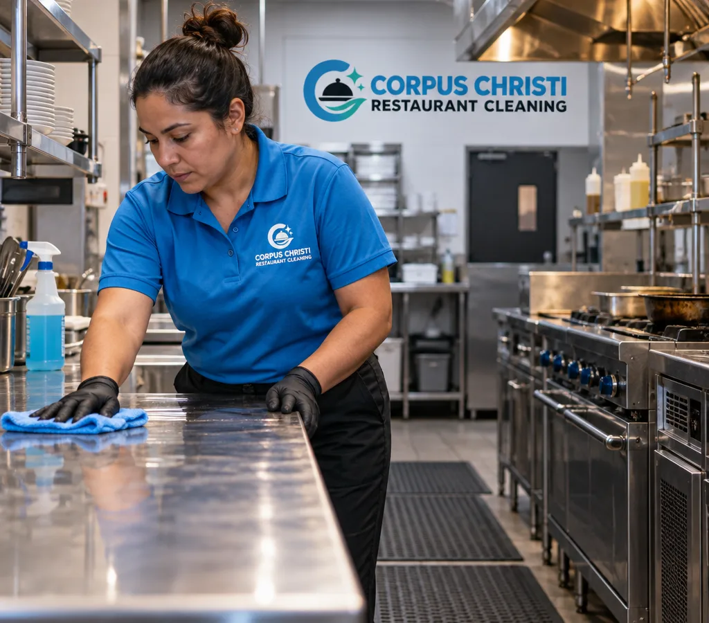 After-hours restaurant cleaner wiping stainless prep tables near a commercial cook line