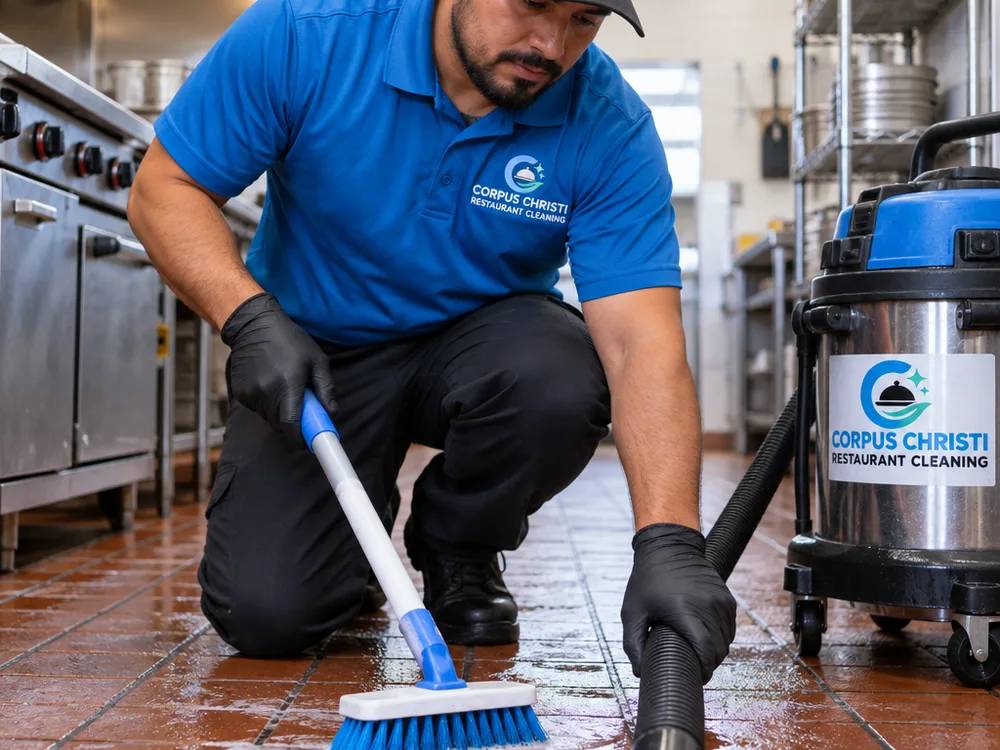 Cleaner scrubbing quarry-tile commercial kitchen flooring with a deck brush and wet vacuum