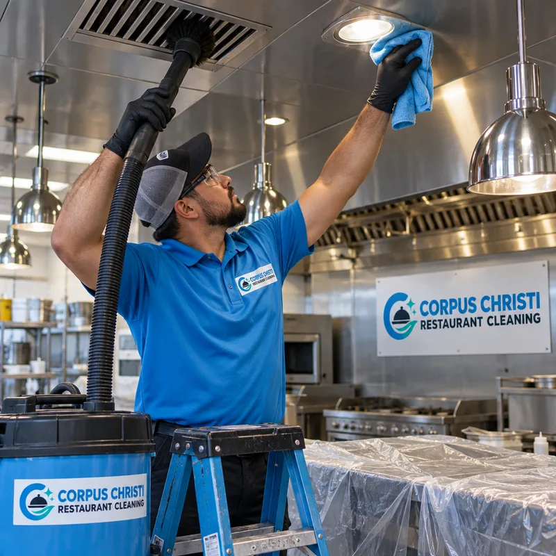 Technician using a HEPA vacuum and microfiber tools to clean overhead vents and light fixtures above protected commercial kitchen prep surfaces