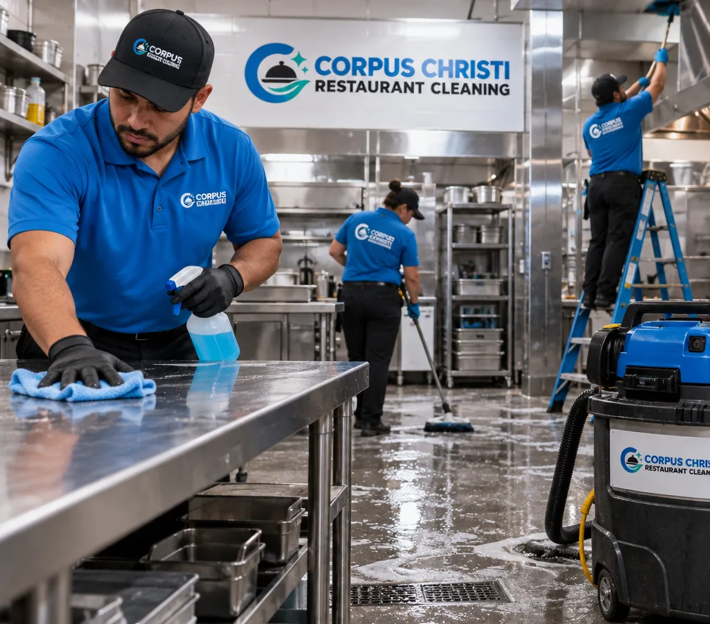 After-hours commercial kitchen crew cleaning stainless prep tables, floors, walls, and elevated surfaces with high-dusting equipment