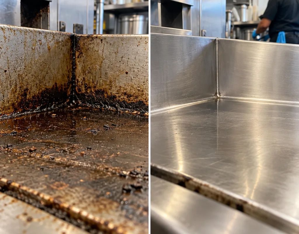 Commercial grill corner before and after carbon and grease removal