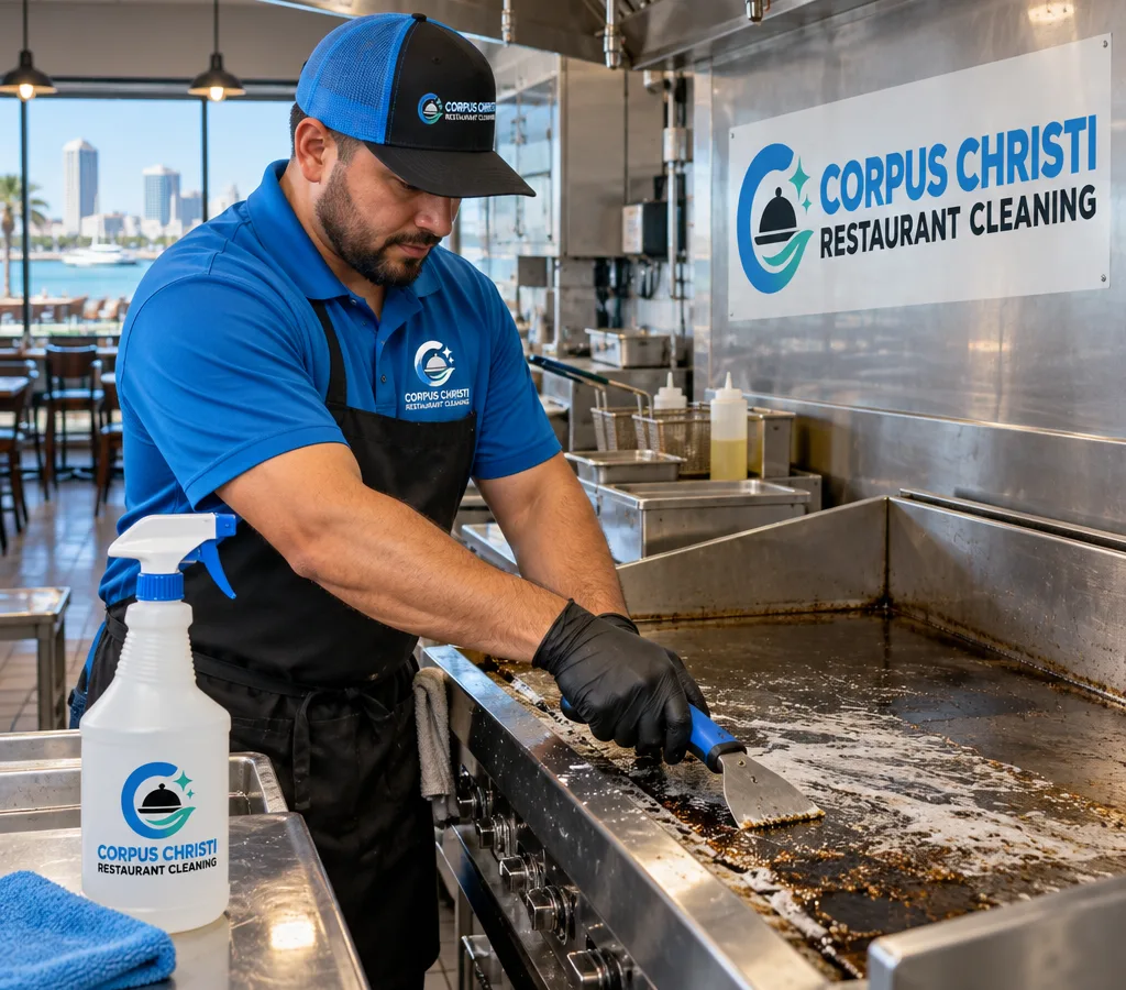 Technician cleaning a commercial flat-top grill and surrounding stainless surfaces in a working restaurant kitchen