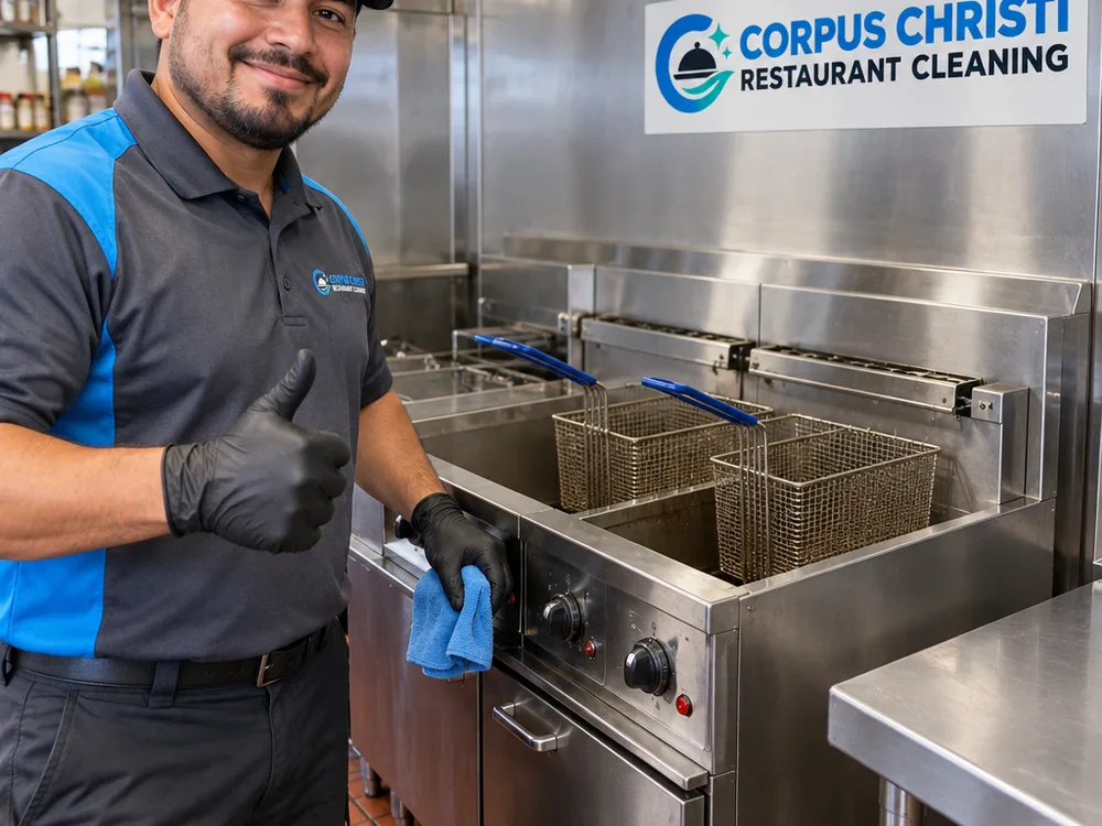 Cleaned fryer exterior, stainless splash area, controls, and degreased floor edge