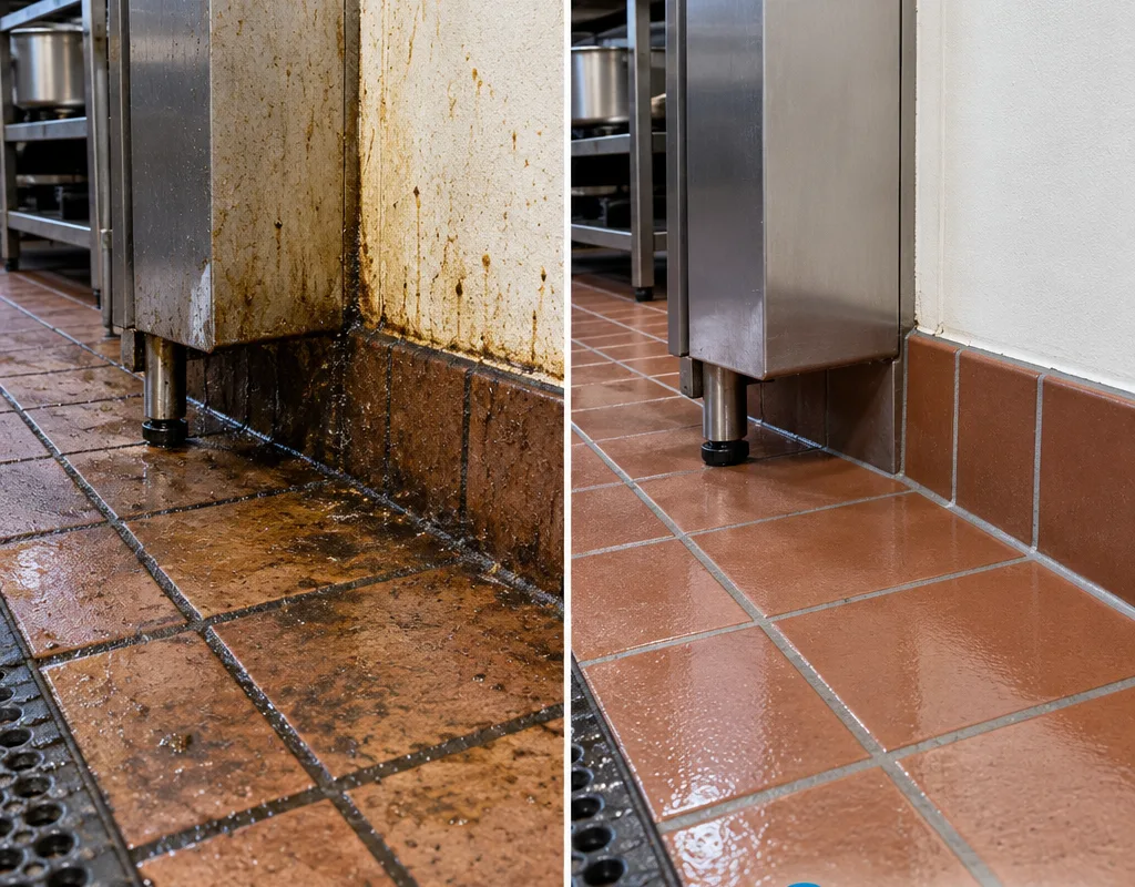 Before-and-after commercial kitchen floor corner showing grease haze and dark grout beside a scrubbed clean edge with brighter grout