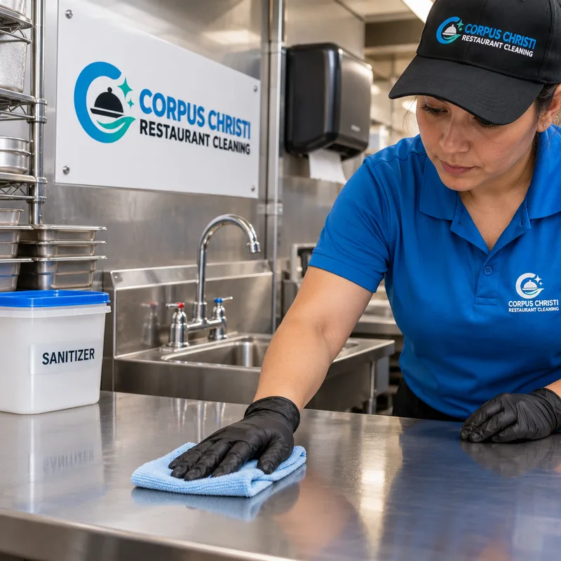 Sanitized stainless prep table and hand sink with dry streak-free surfaces and a labeled sanitizer bucket