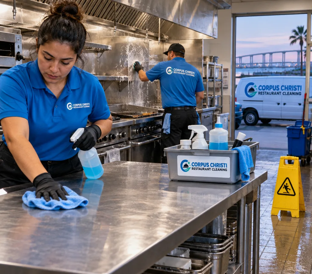 After-hours restaurant cleaning crew wiping stainless prep tables and degreasing a commercial cook line with labeled sanitation supplies and floor warning signage