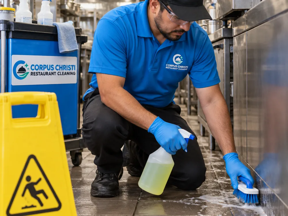 Technician in PPE detailing a commercial kitchen floor edge and baseboard with a scrub brush and safe degreaser near stainless equipment