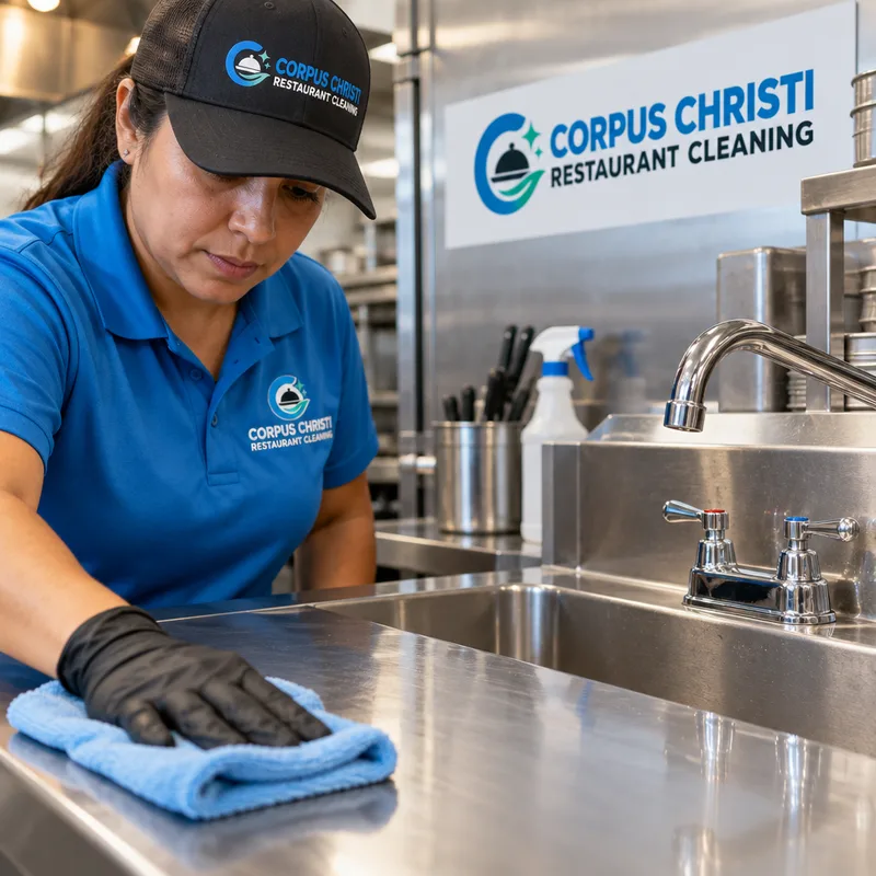 Clean streak-free stainless prep table and sink with sanitized handles and detailed seams