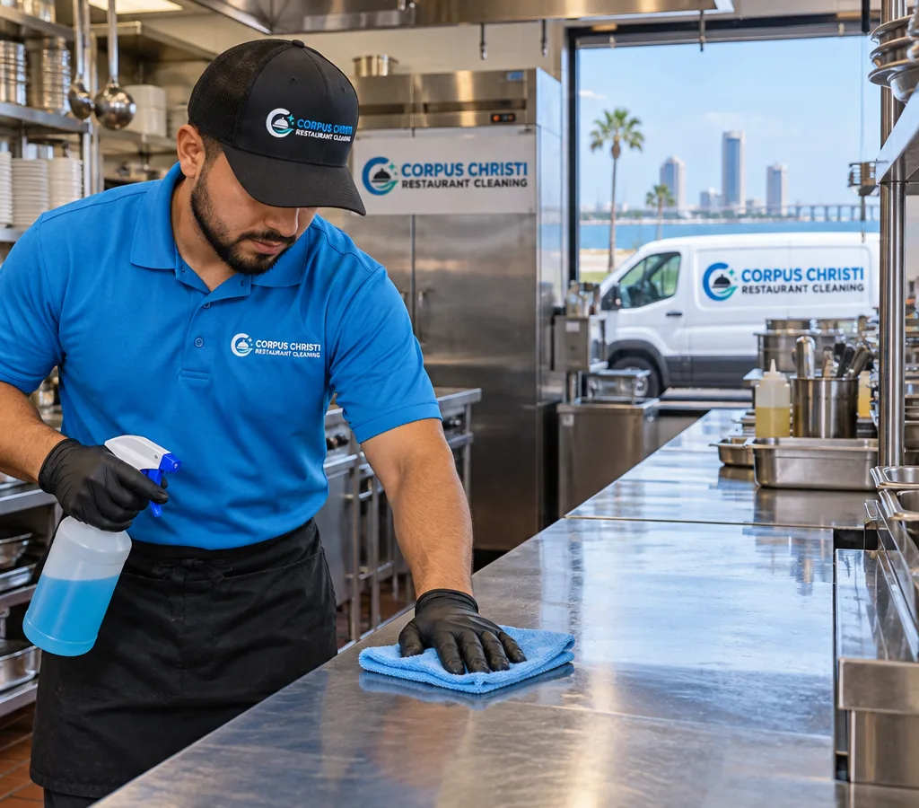 Technician cleaning stainless prep surfaces and high-touch handles in a commercial kitchen