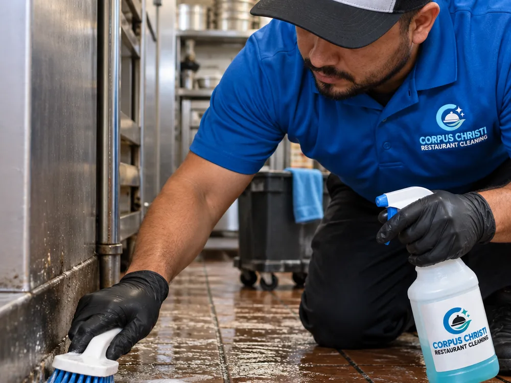 Gloved hand applying degreaser and scrubbing a commercial kitchen floor edge and threshold