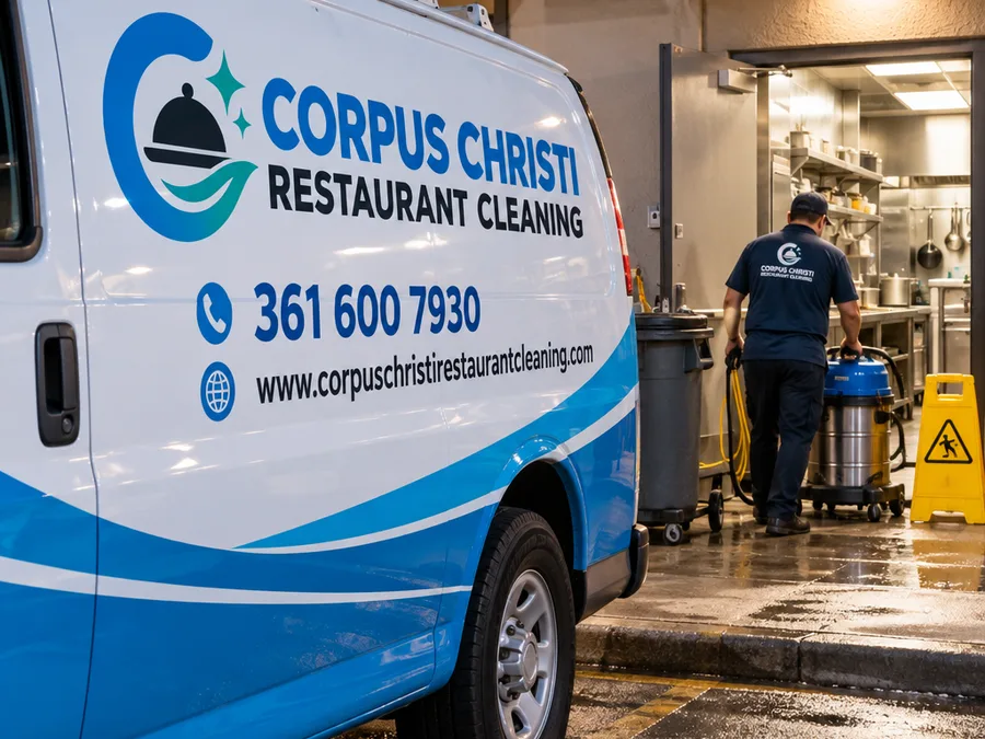 Cleaner using wet-floor signage while detailing a corridor leading to restaurant restrooms