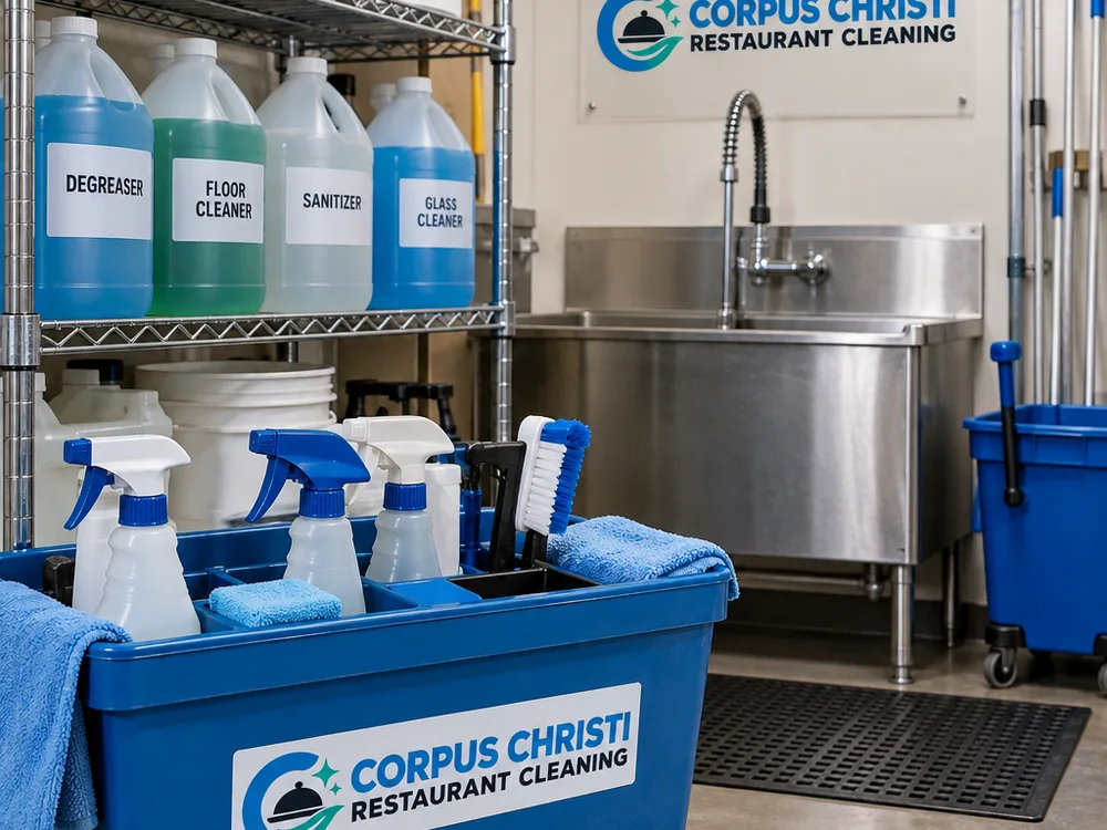 Organized cleaning caddy and labeled supplies beside a commercial mop sink and storage shelving